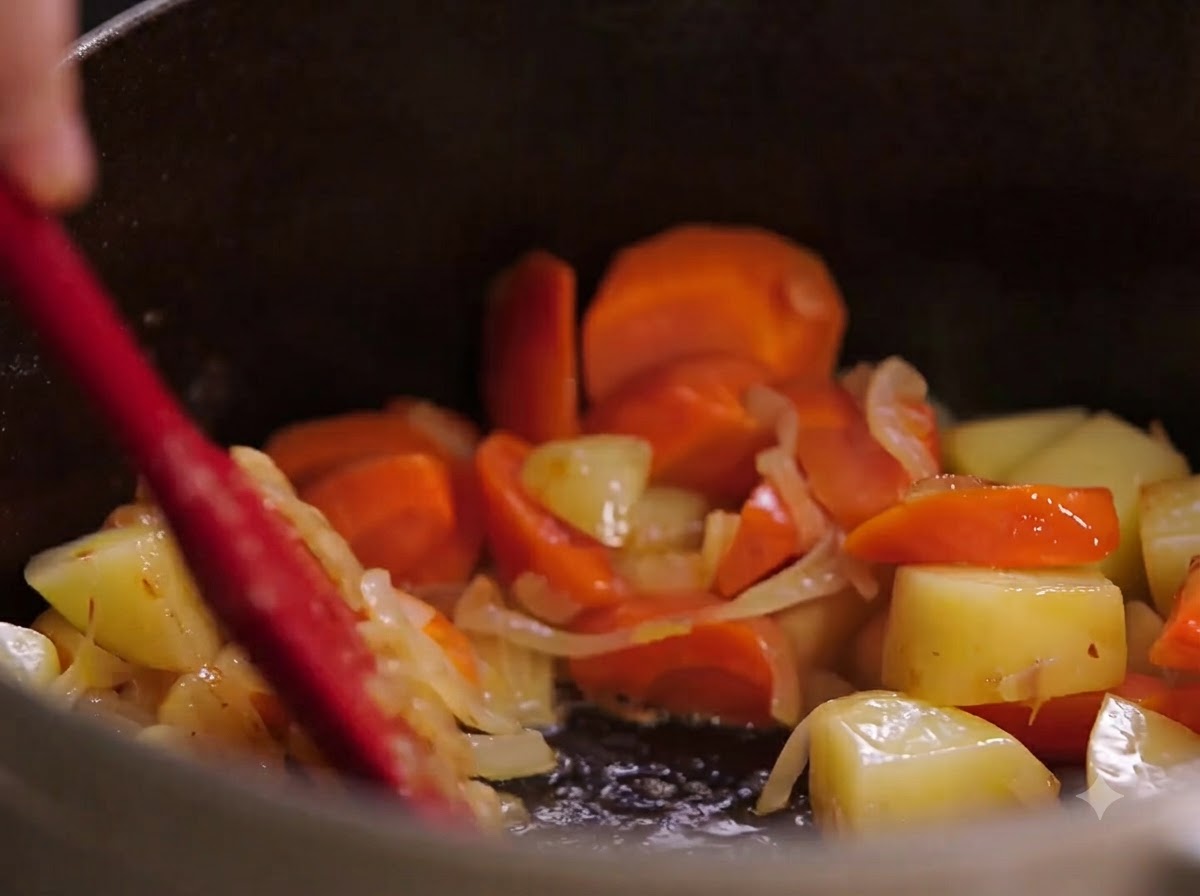 Pezzi di pollo fritti in padella aggiunti nella pentola con le verdure.