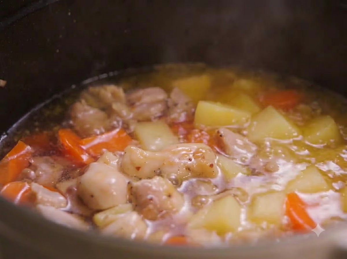 Brodo che bolle in una pentola con pollo, patate e carote mentre il curry si scioglie.