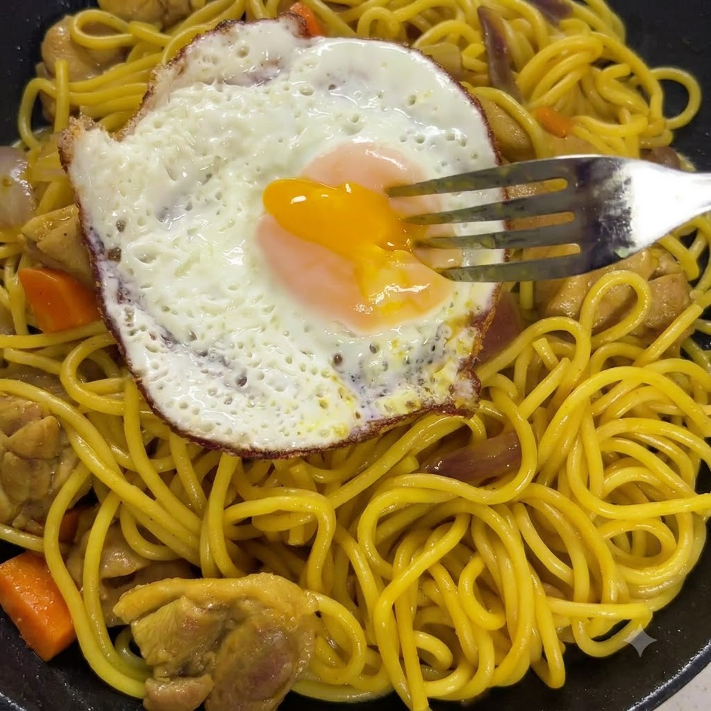 Noodles sollevati e mescolati con la densa salsa al curry nella padella.