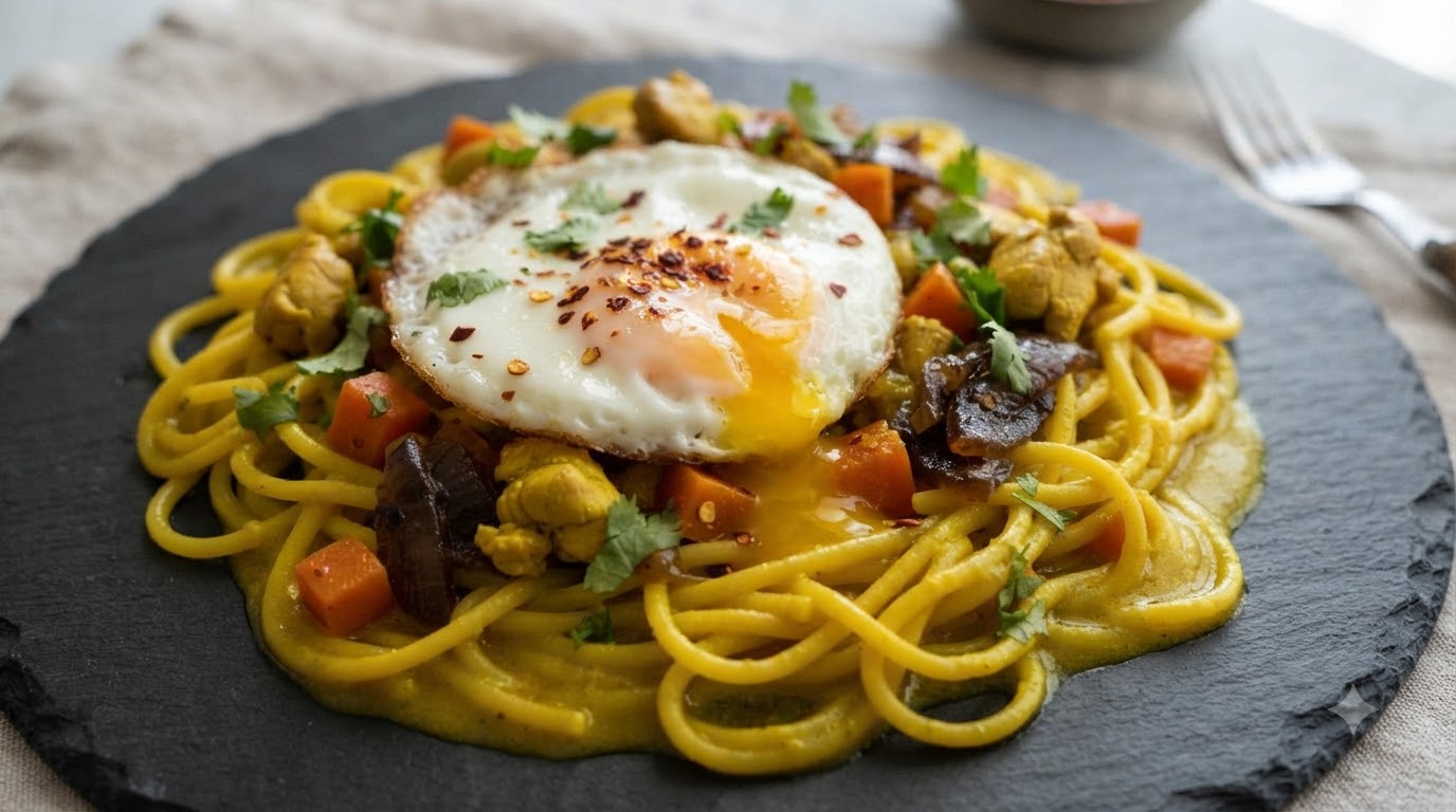 Pasta al Curry con Pollo in Un Solo Tegame e Uovo all'Occhio di Bue