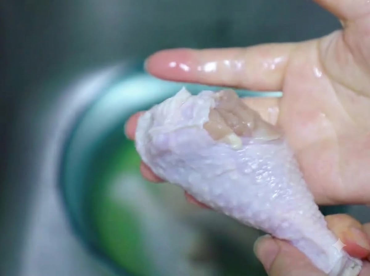 Un fuso di pollo scongelato asciugato con carta assorbente.