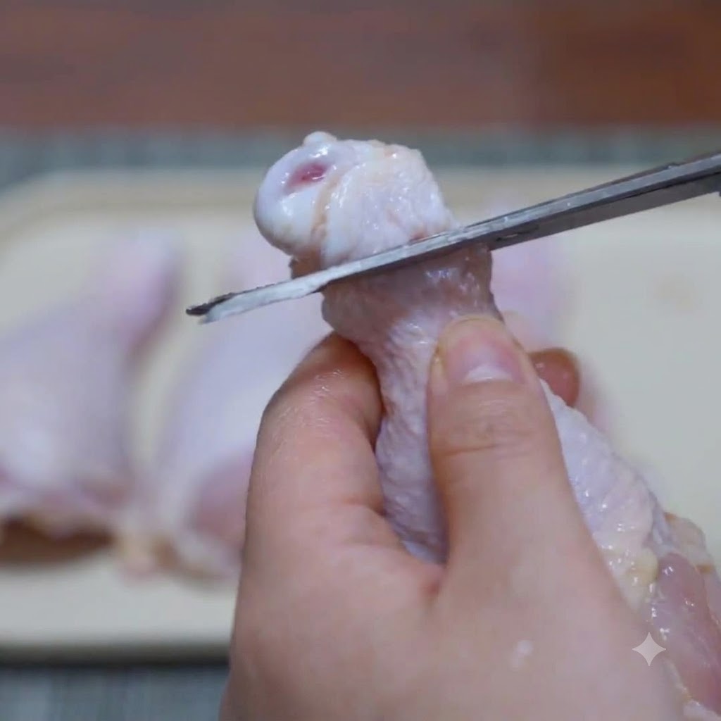 Utilizzo di forbici da cucina per tagliare intorno allarticolazione di un fuso di pollo in preparazione per la disossatura.