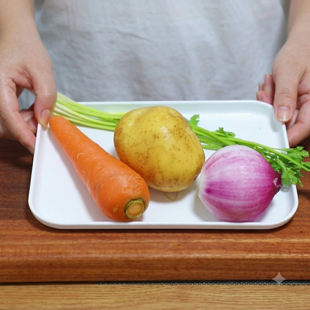 Una patata intera, una carota, una cipolla e del coriandolo disposti su un vassoio bianco pronti per essere tagliati.