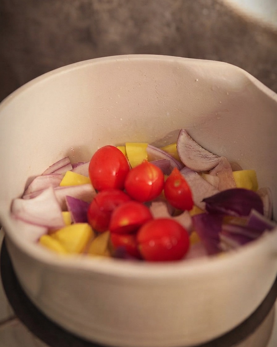 Piccoli pomodori aggiunti alla pentola con patate e cipolle.