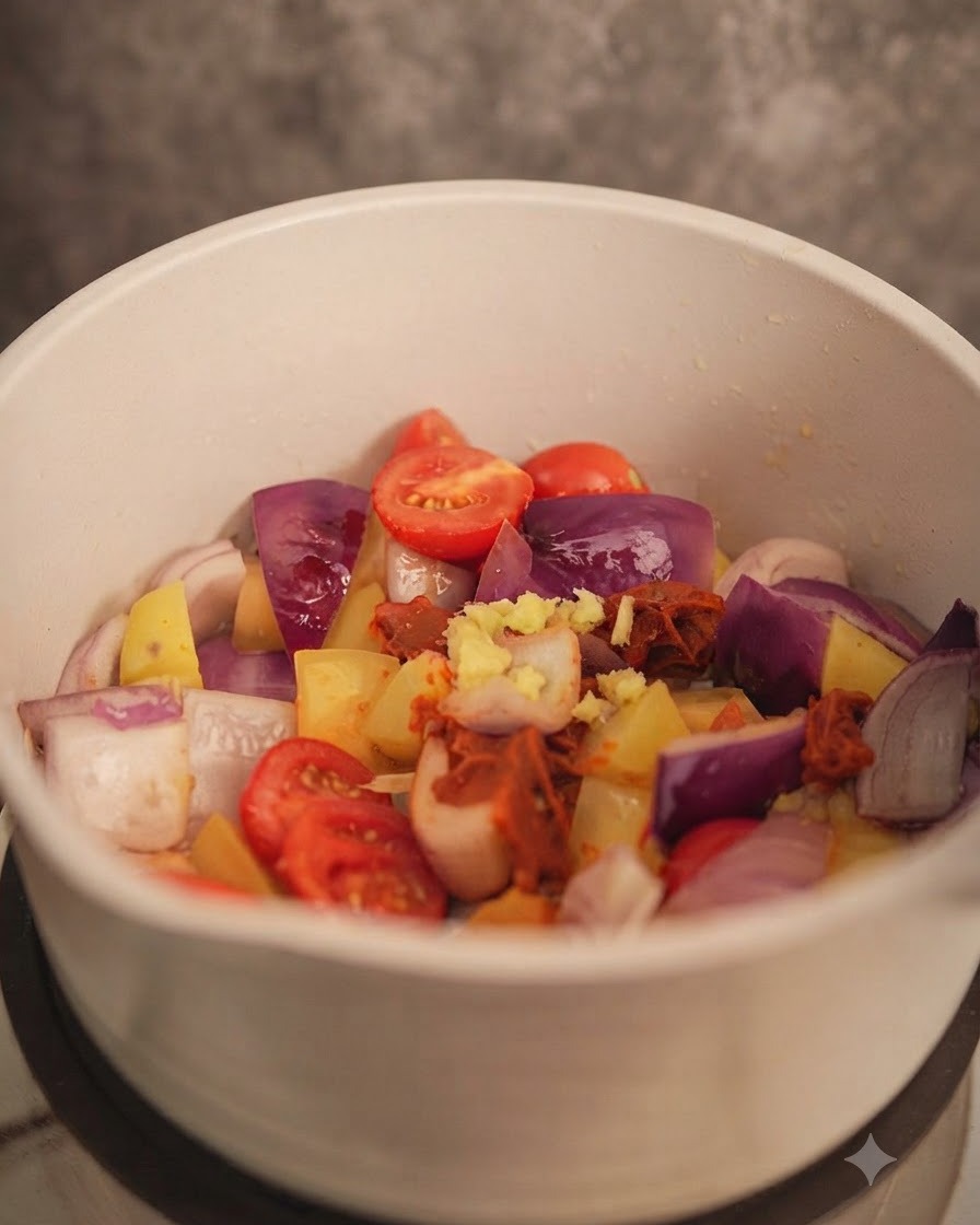 Zenzero tritato mescolato nel curry e nel mix di verdure.
