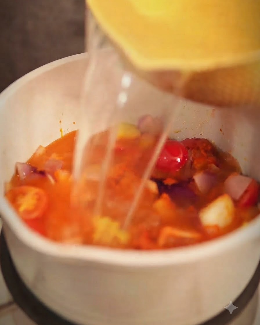 Brodo di pollo versato nella pentola con il curry e il mix di verdure.