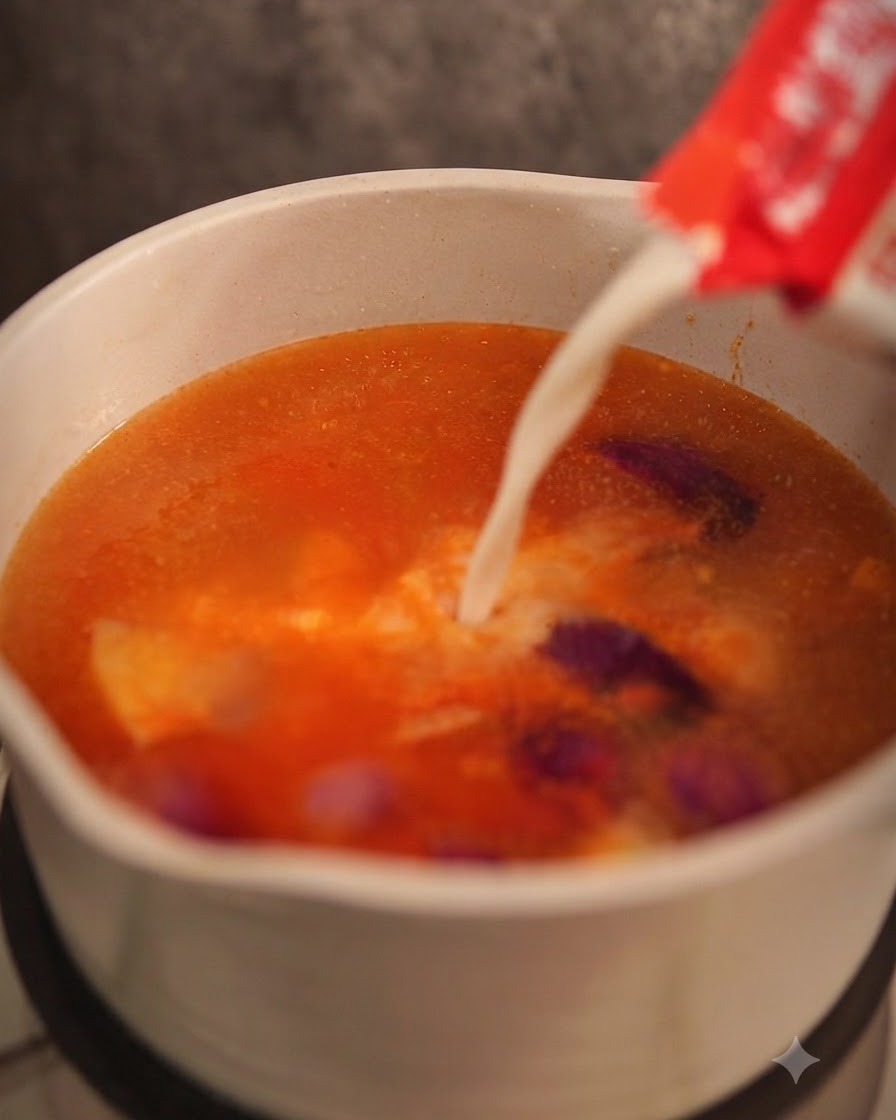 Latte di cocco denso versato da un cartone in una pentola di brodo al curry rosso in ebollizione.
