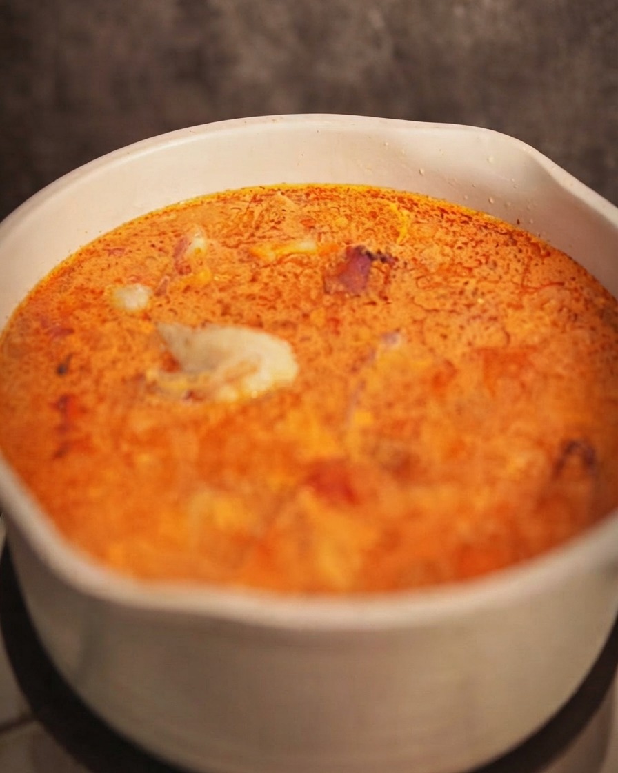Pezzi di pollo sbollentati rimessi nella pentola di zuppa al curry rosso bollente.