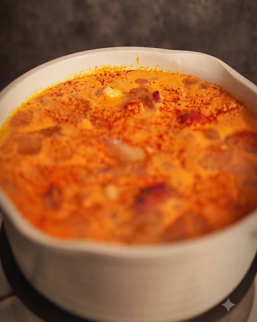 Cipollotti sminuzzati mescolati in una pentola di zuppa aromatica al curry rosso.
