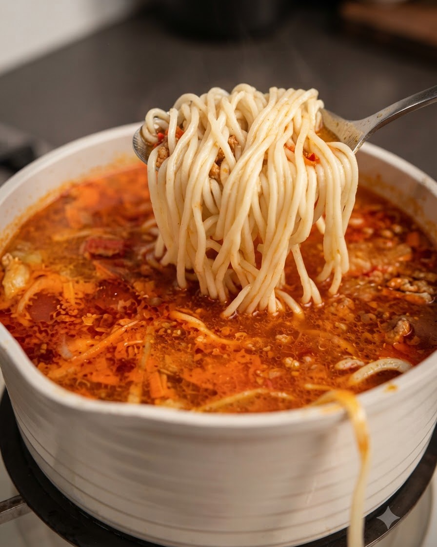 Un mestolo che solleva una porzione di noodle cotti sopra una pentola piena di zuppa di noodle.
