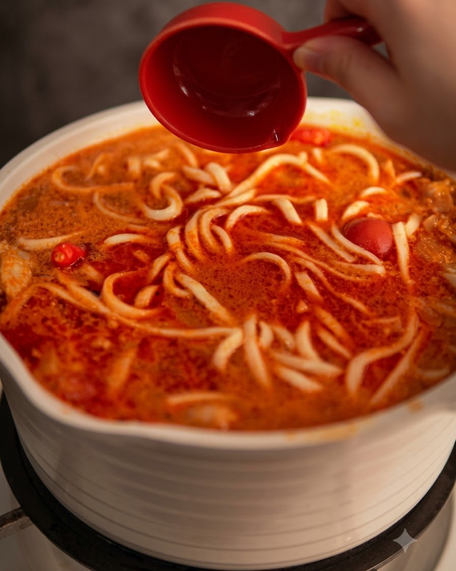 Un misurino rosso usato per rifinire la zuppa di noodle guarnita con lime e pepe.