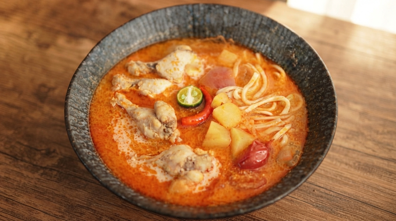 Zuppa di noodle al curry rosso thailandese con pollo e patate