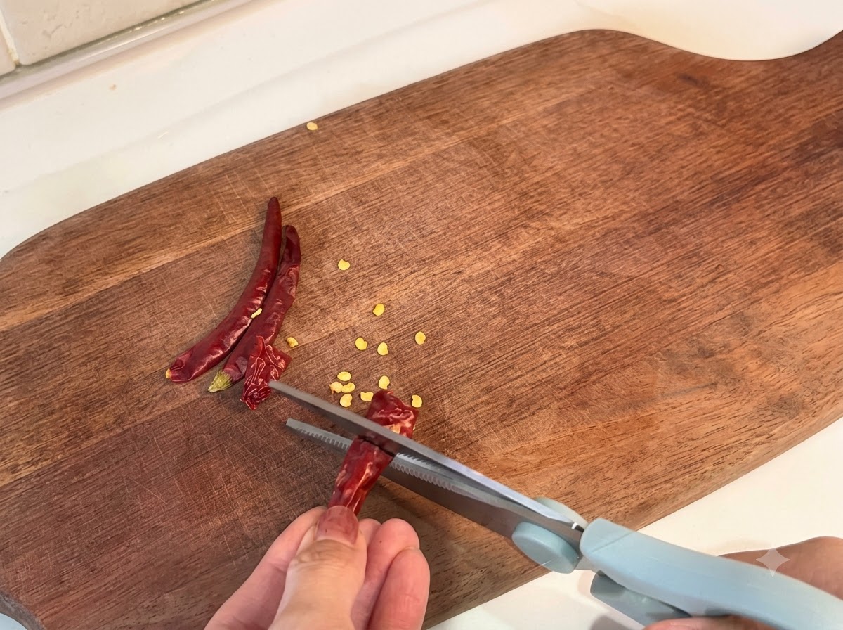 Peperoncini secchi tagliati a sezioni usando le forbici da cucina su un tagliere di legno.