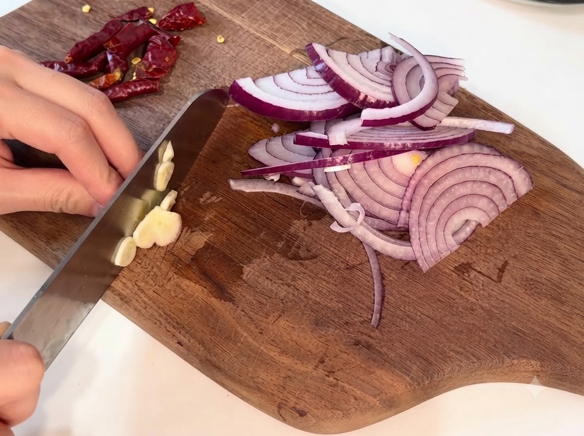 Spicchi daglio affettati sottilmente su un tagliere di legno.