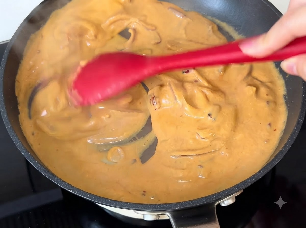 Una spatola rossa che mescola la salsa cremosa al curry arancione allinterno di una padella.