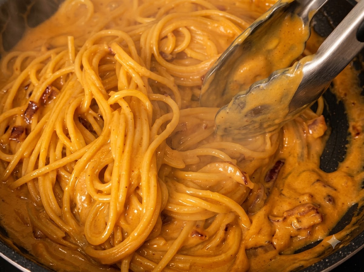 Pasta spaghetti saltata in una ricca salsa cremosa al curry con le pinze.