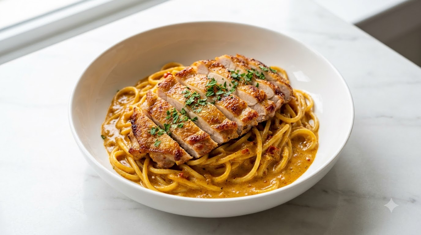 Pasta cremosa al curry e cotoletta di pollo piccante