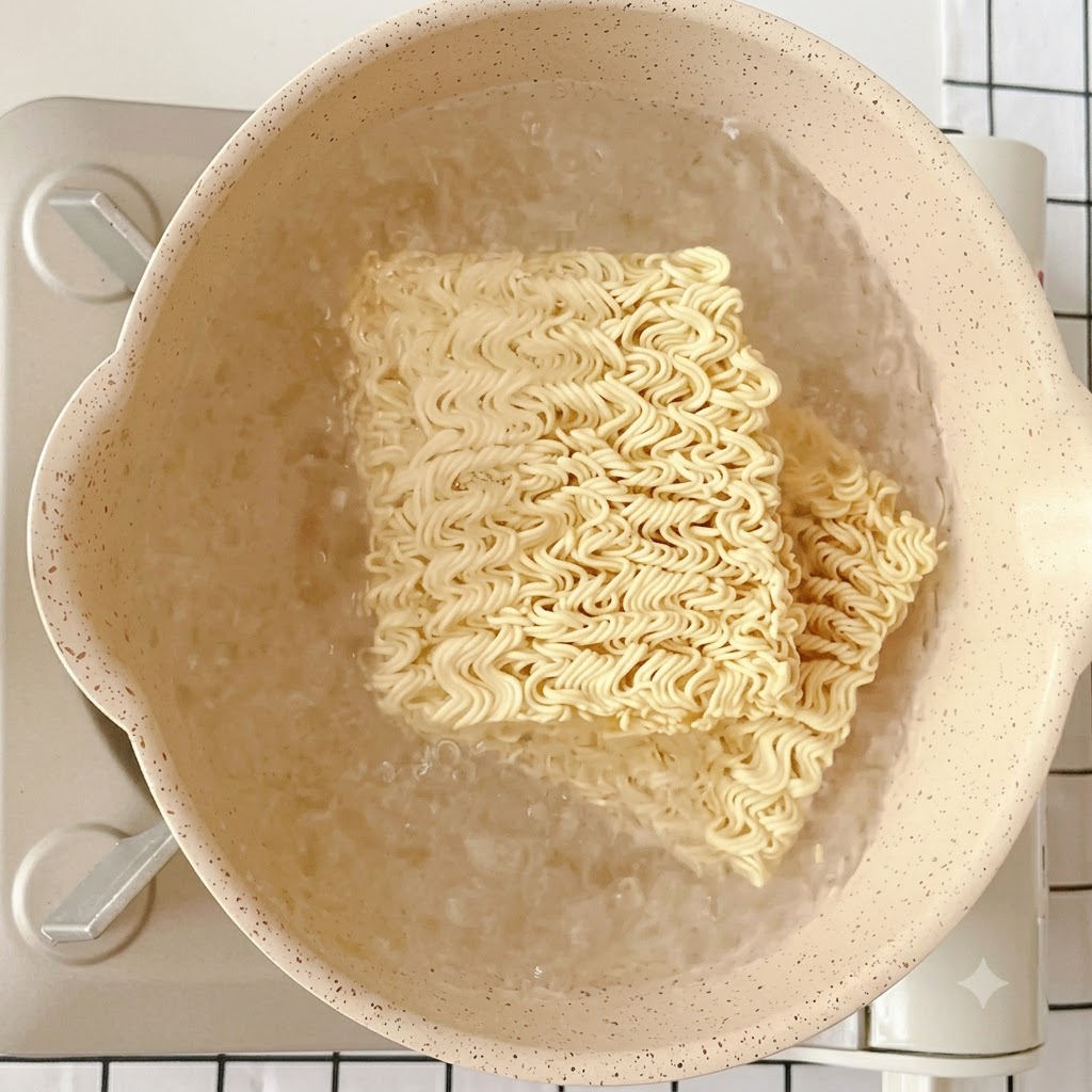 Due blocchi di noodle istantanei messi allinterno di una pentola di acqua bollente sul fuoco.