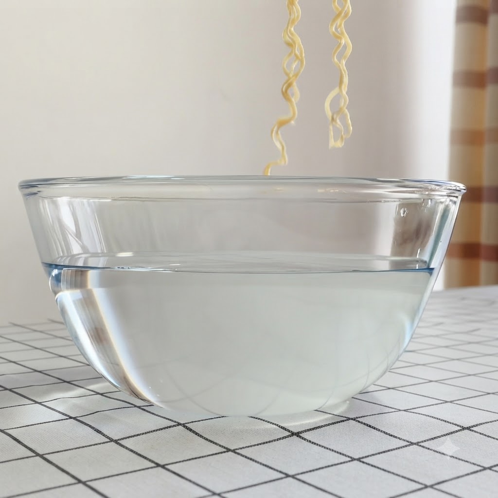 Noodle immersi in una ciotola di vetro trasparente piena di acqua fredda.