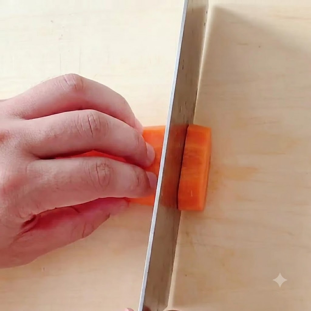 Carote affettate in piccoli cubetti uniformi su un tagliere di legno.