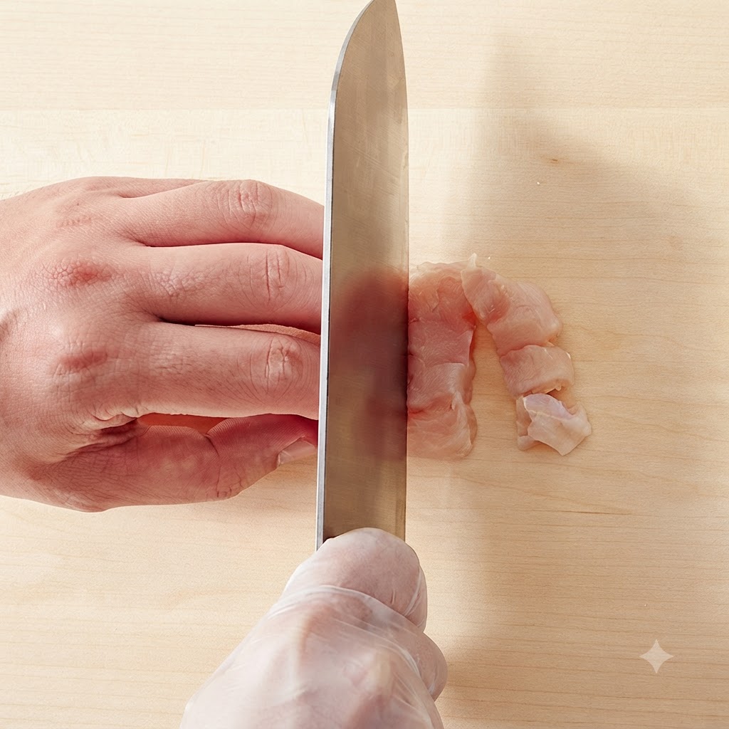 Carne di petto di pollo tagliata a piccoli pezzi su un tagliere di legno.
