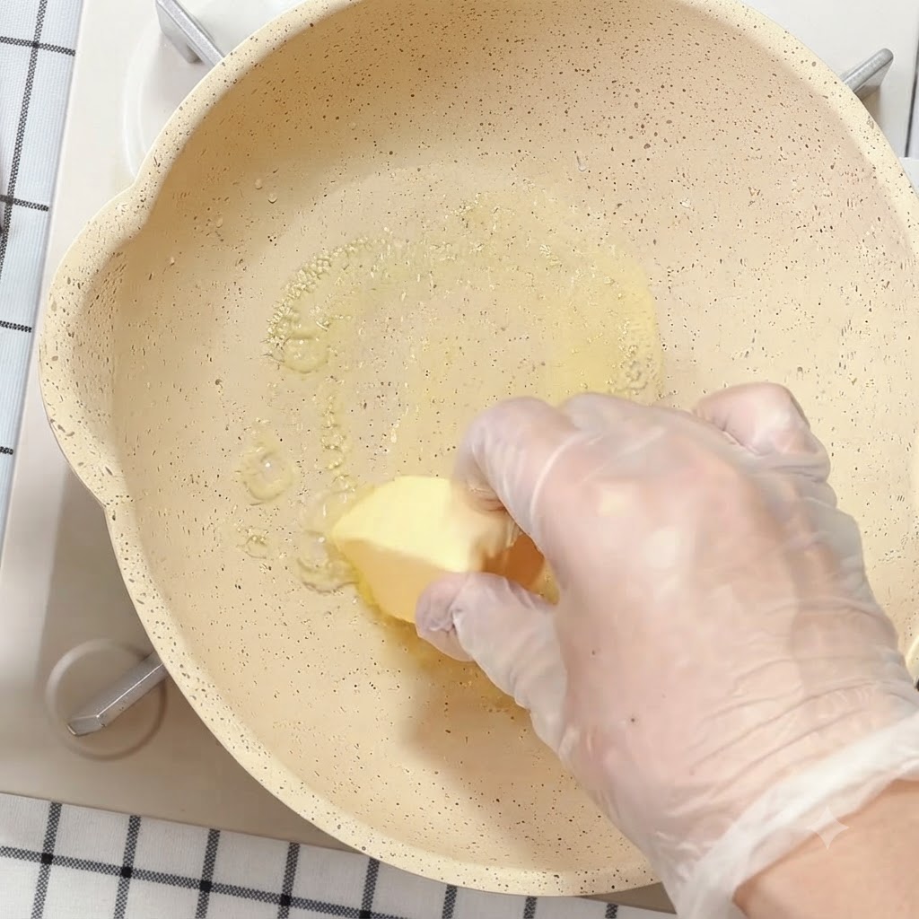 Un panetto di burro giallo che si scioglie in liquido in una padella ceramica antiaderente.