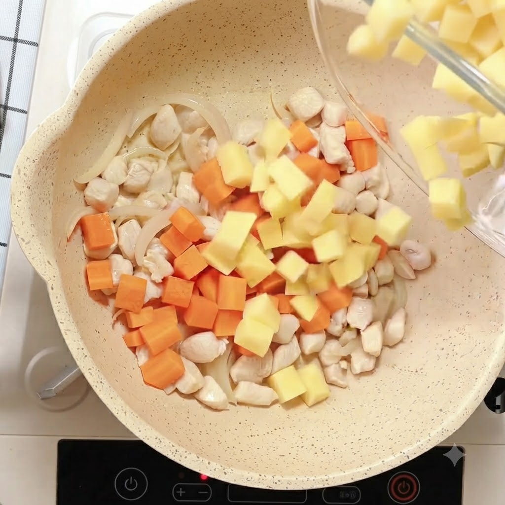 Cubetti di patata gialla versati nella padella con pollo, carote e cipolle.
