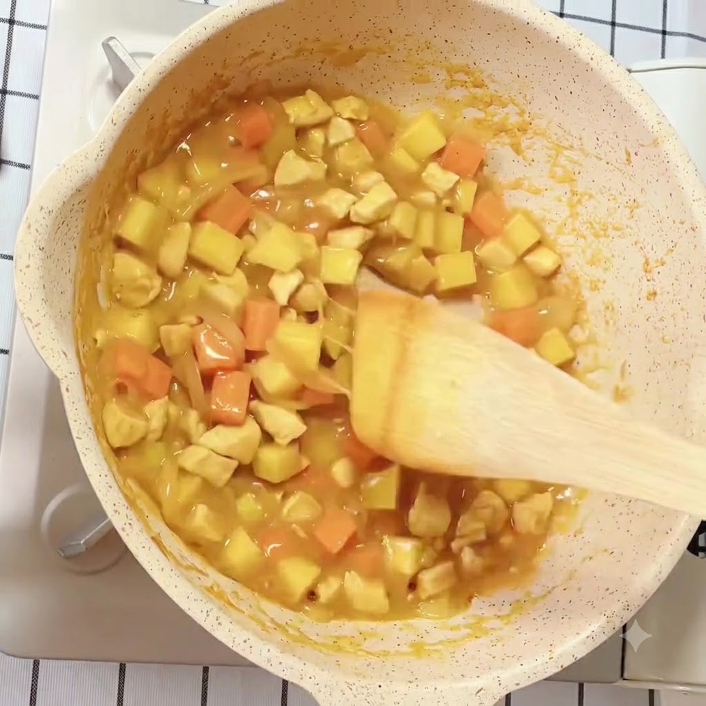 Salsa al curry con patate, carote e pollo che sobbolle e si riduce in una padella.