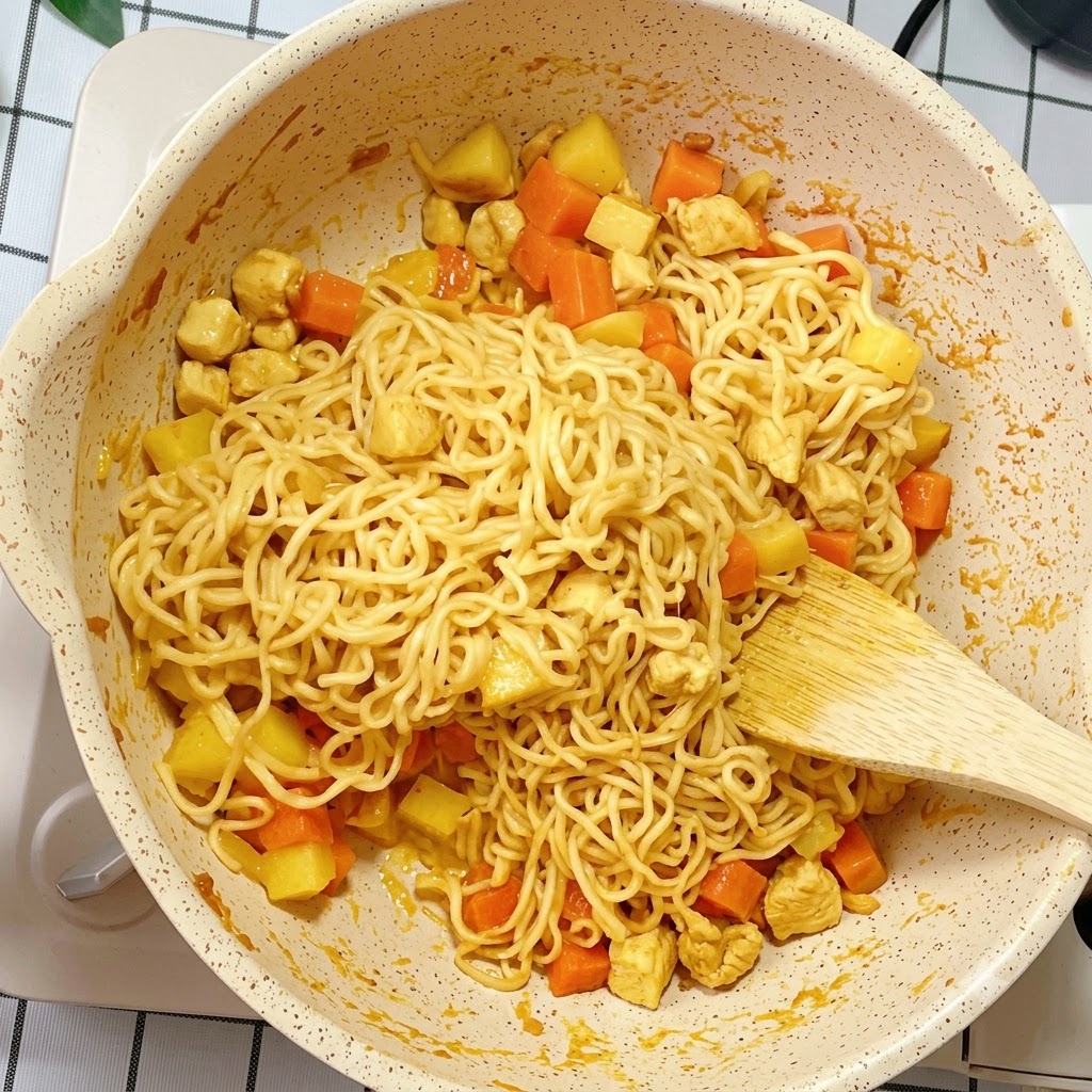 Noodle istantanei e ingredienti al curry mescolati e saltati uniformemente allinterno di una padella.