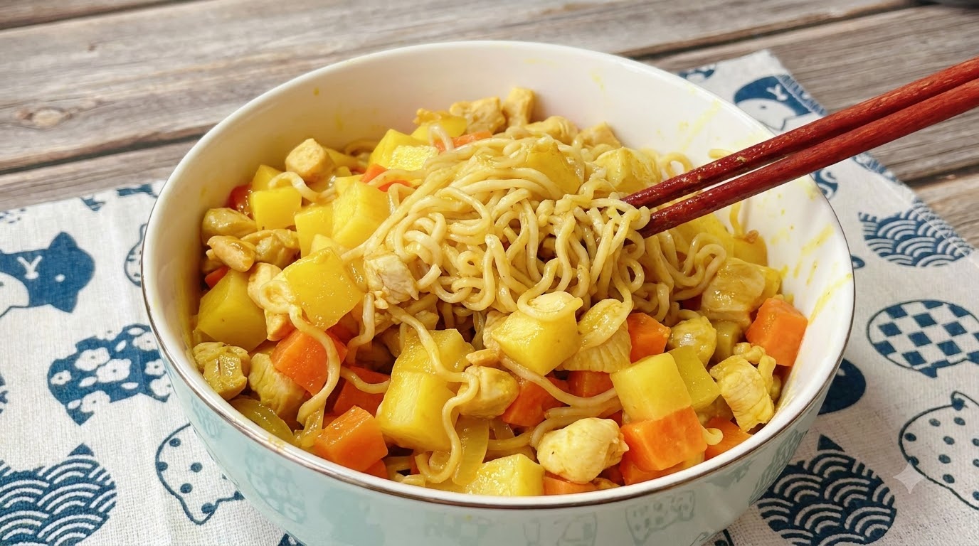 Noodles veloci al curry di pollo con patate e carote