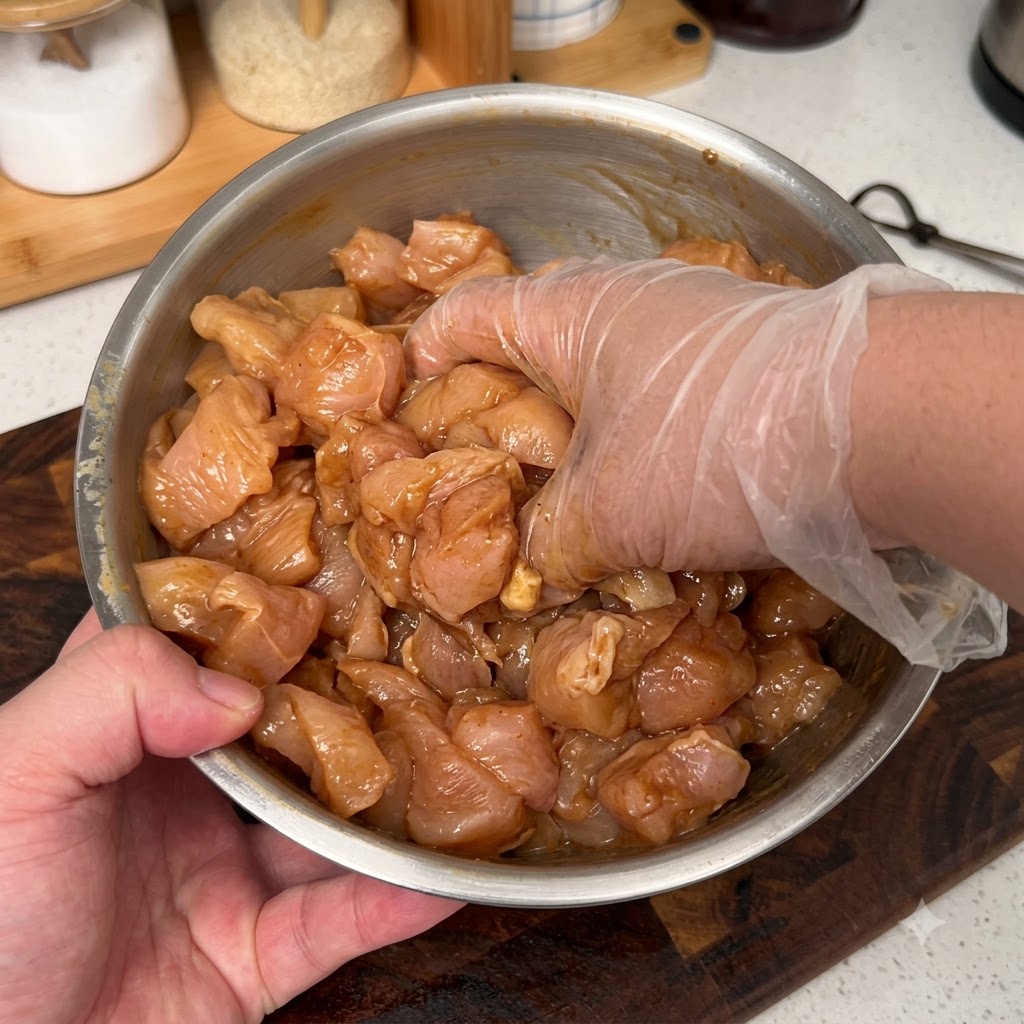 Pezzi di pollo crudo in una ciotola di metallo conditi a mano con le spezie.