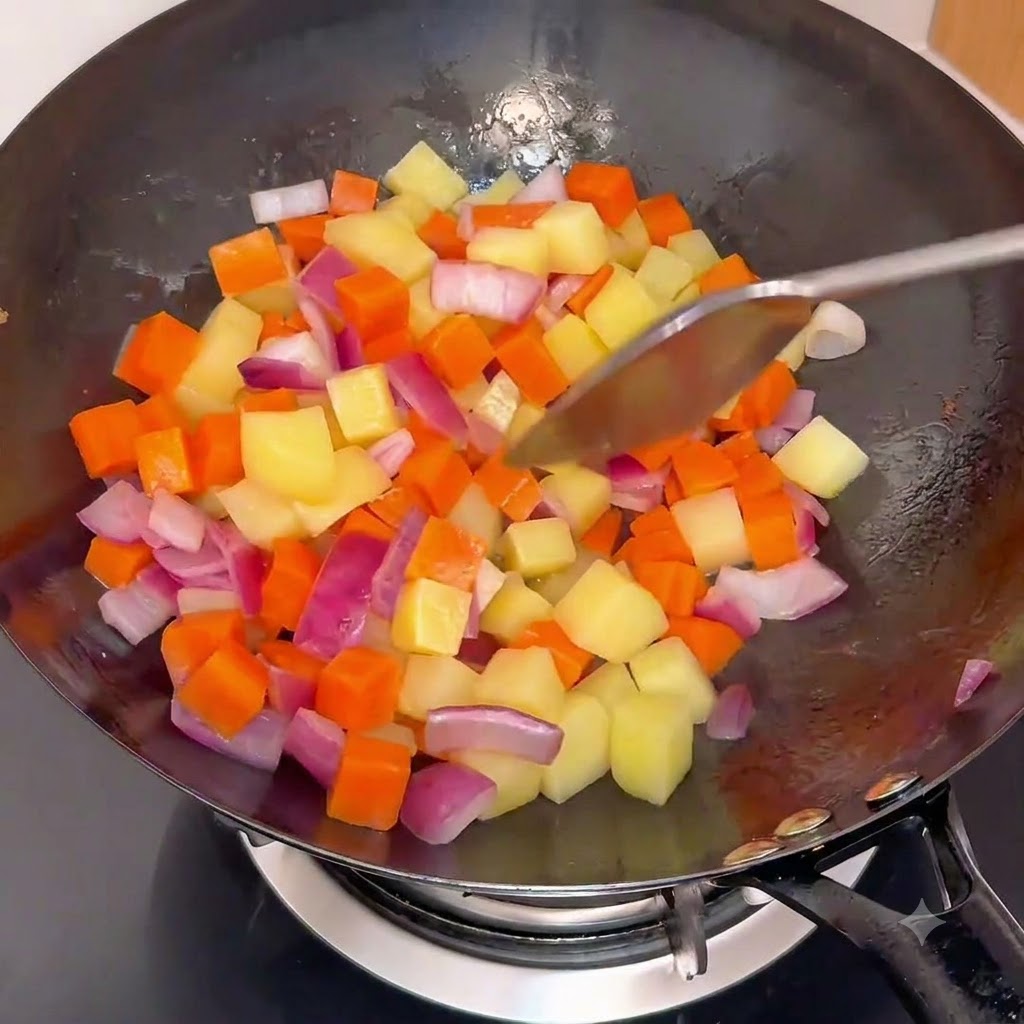 Patate e carote a cubetti mescolate con le cipolle in un wok caldo.