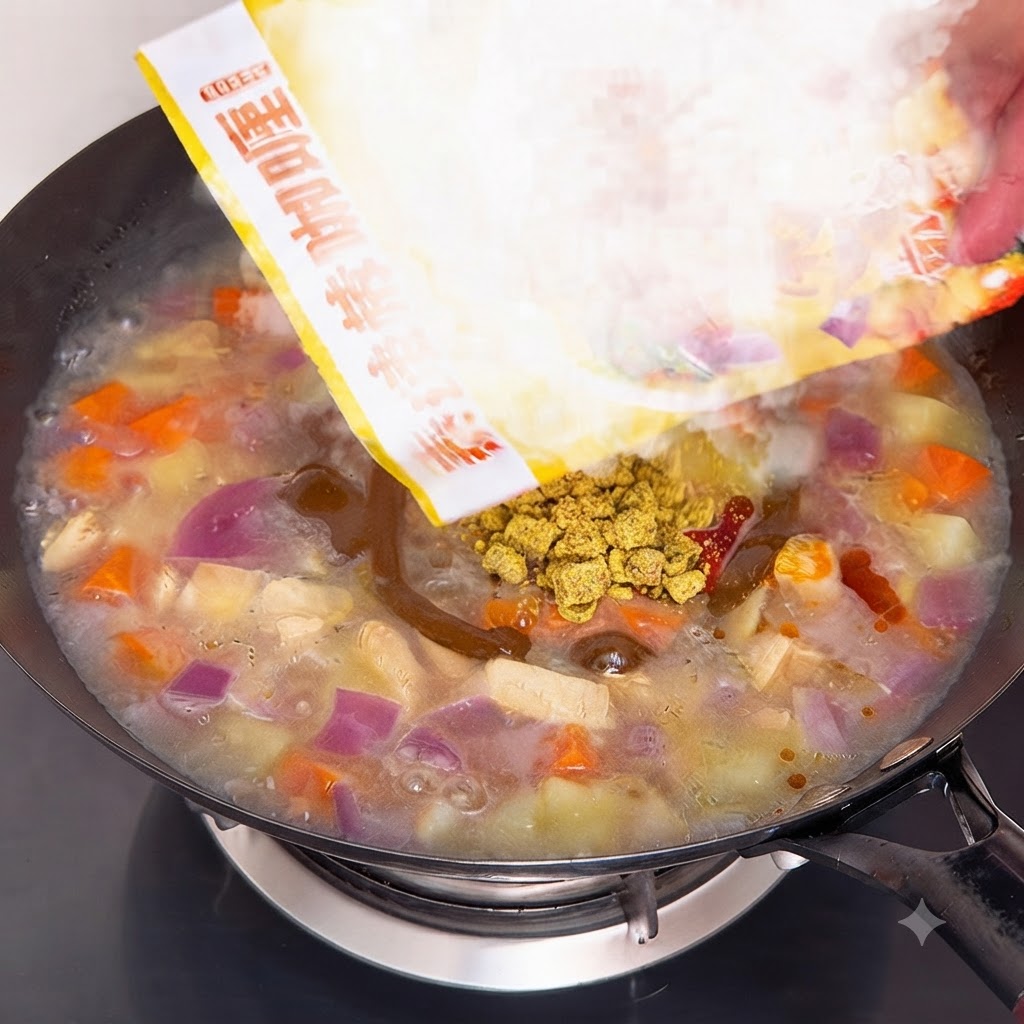 Cubetti di curry aggiunti alla pentola di pollo, patate e carote con acqua bollente.