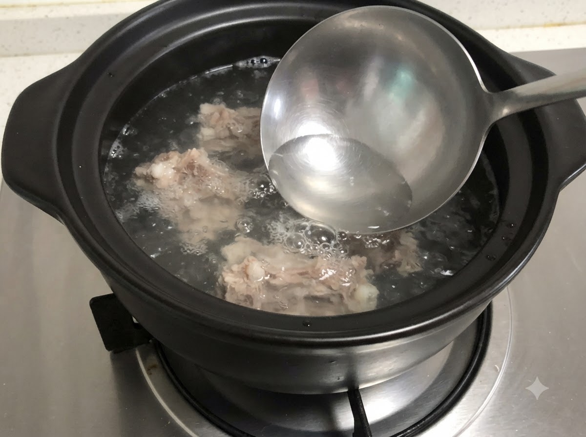 Un mestolo che rimuove la schiuma grigia dalle ossa di maiale in ebollizione in una pentola di coccio.
