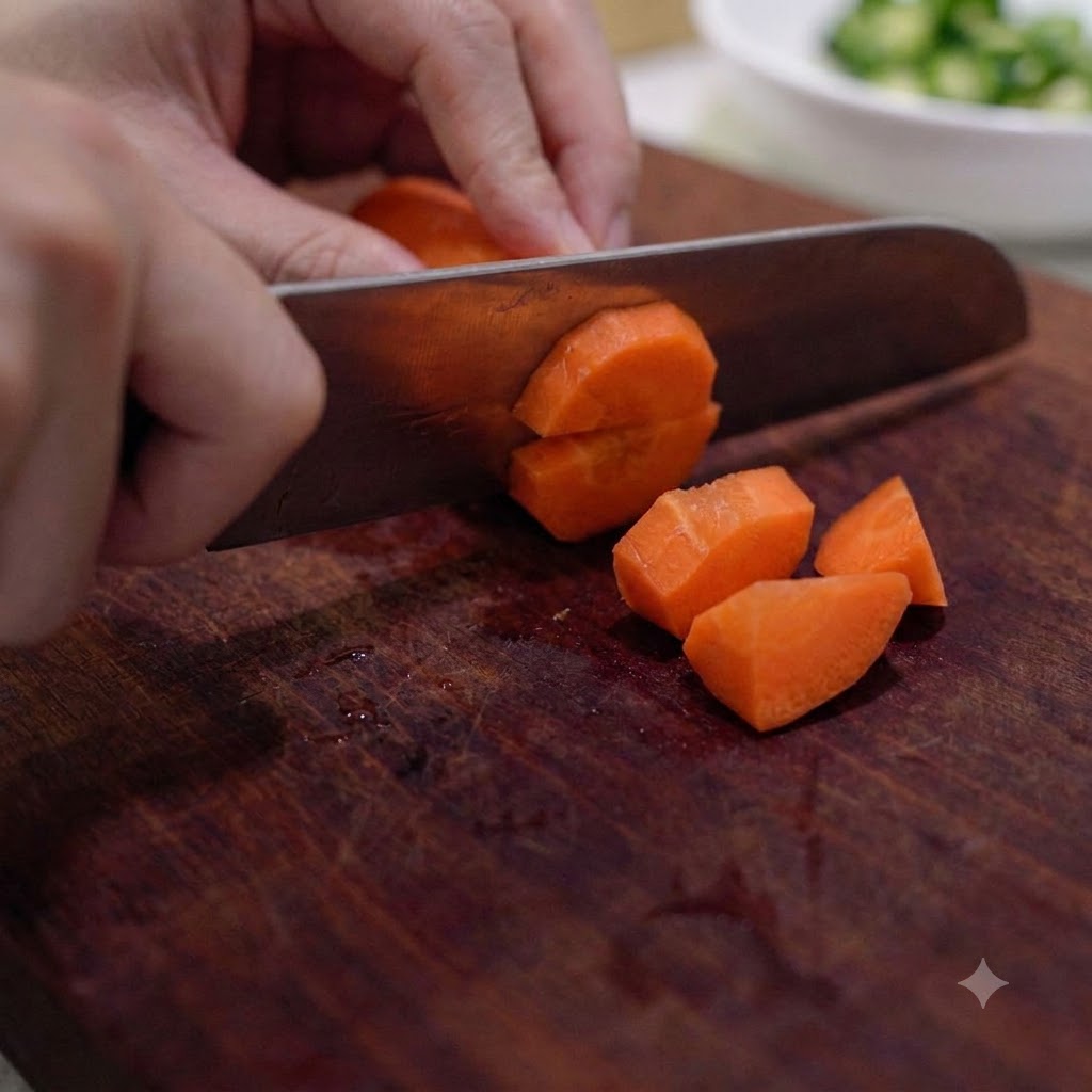 Una carota fresca tagliata a piccoli pezzi su un tagliere di legno con un coltello da cucina.