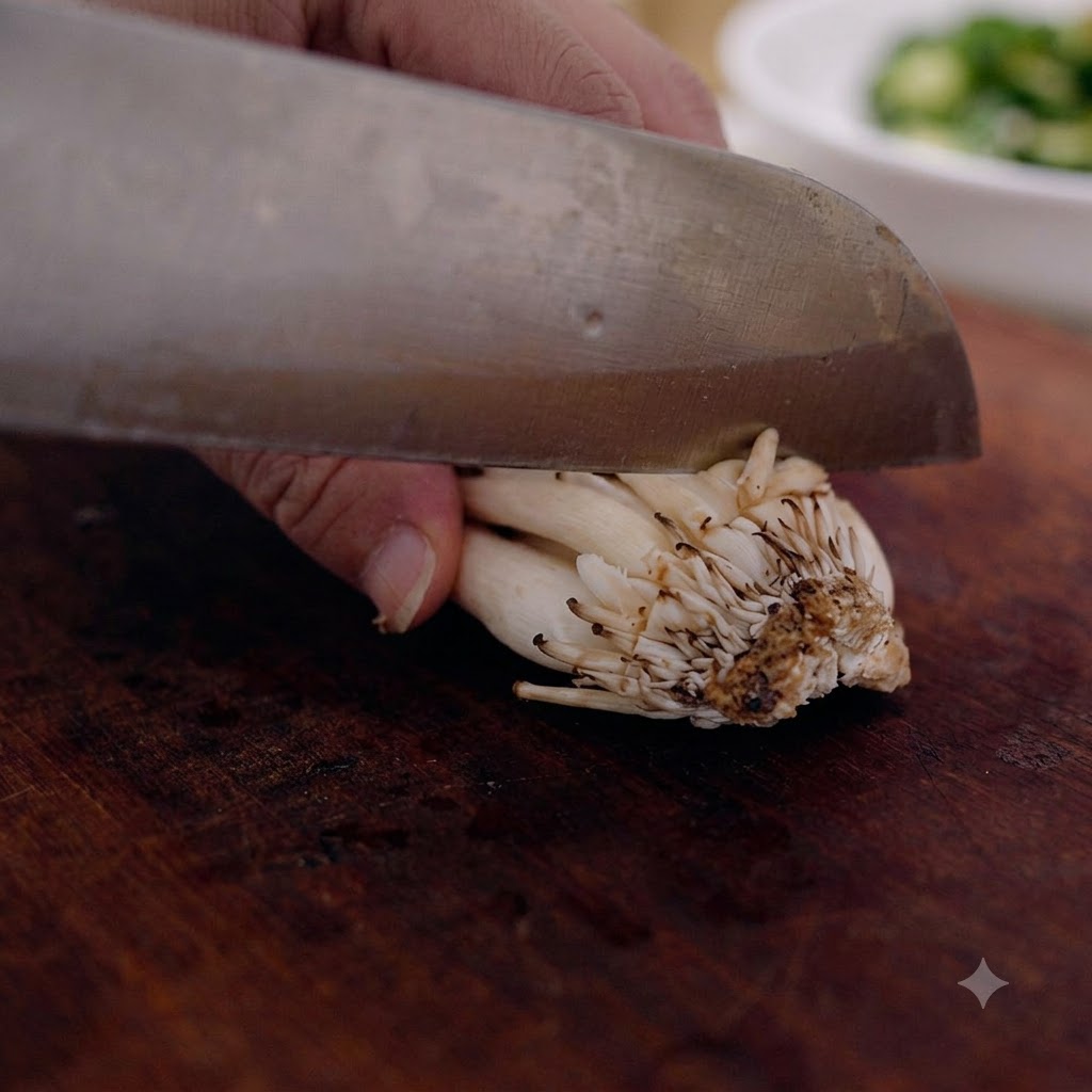 Funghi shimeji privati della base su un tagliere di legno.