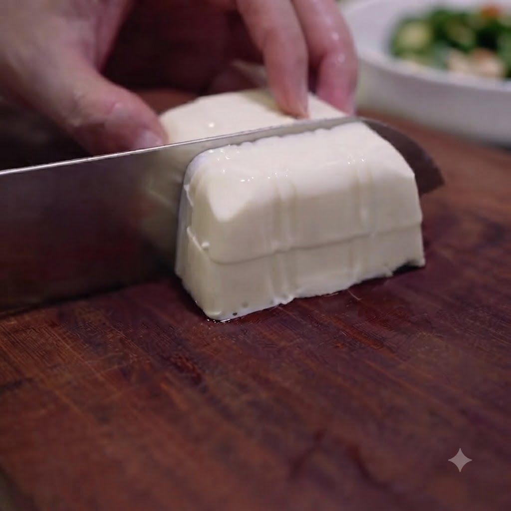 Un blocco di tofu tenero bianco tagliato a piccoli cubetti su un tagliere di legno.