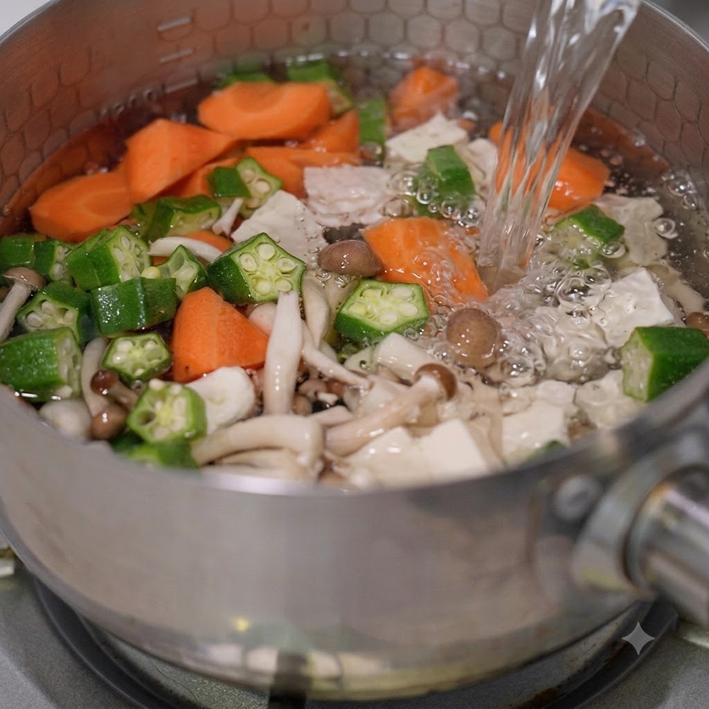 Acqua bollente versata da un bollitore in una pentola piena di verdure tagliate e tofu su un piano cottura.