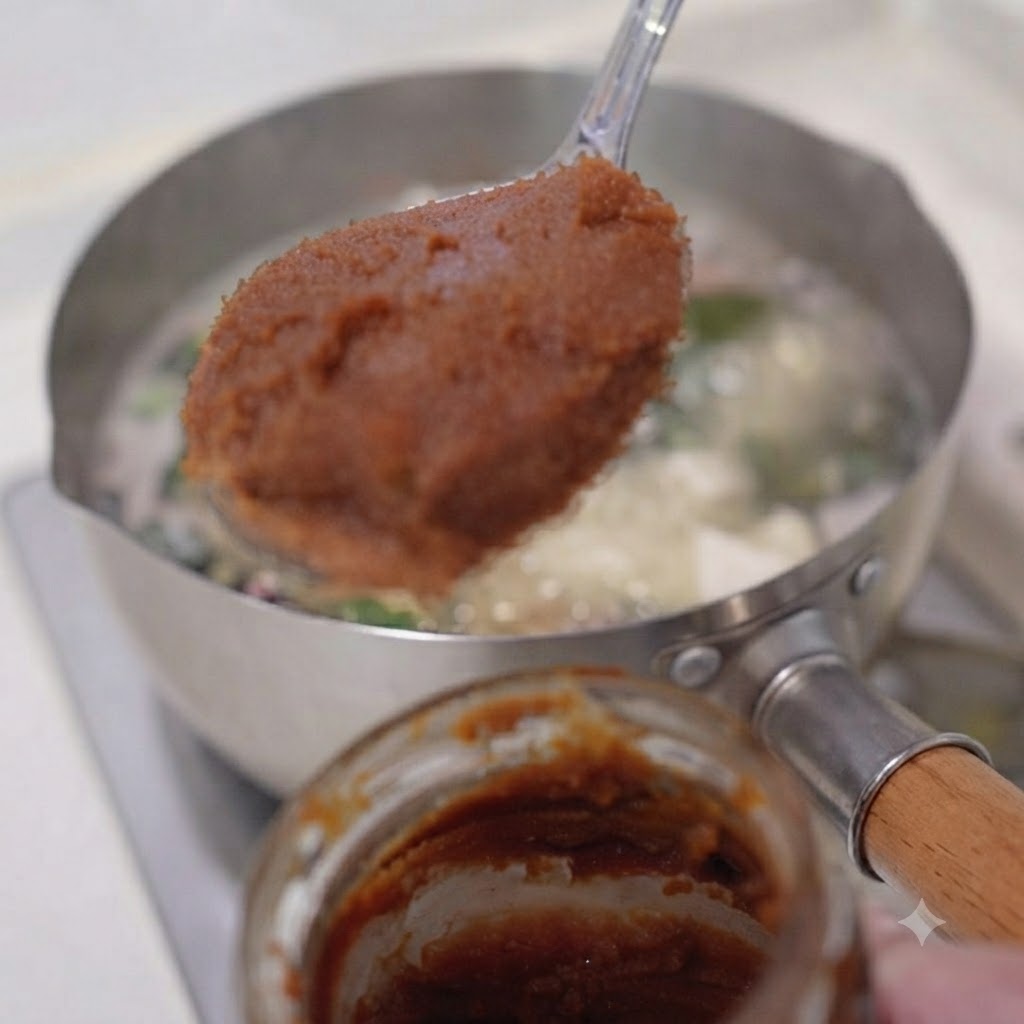 Un cucchiaio di pasta di miso marrone sollevato sopra un barattolo con la pentola di zuppa che sobbolle sullo sfondo.