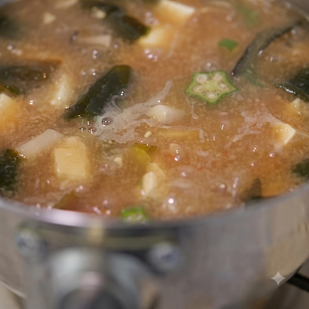 Uno scatto in primo piano della zuppa di miso con okra che sobbolle con pezzi visibili di okra, tofu e funghi mentre viene mescolata.