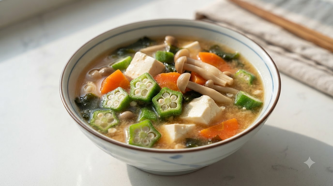 Un cucchiaio in primo piano che sostiene una porzione di zuppa di miso con okra, ricca di tofu, fette di okra, carote e funghi allinterno di una ciotola.