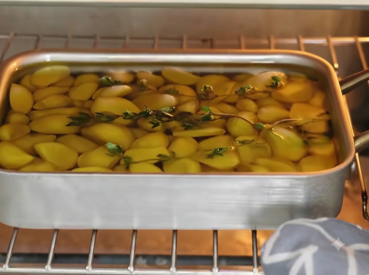 Una teglia contenente aglio, olio e timo che viene inserita su una griglia del forno.