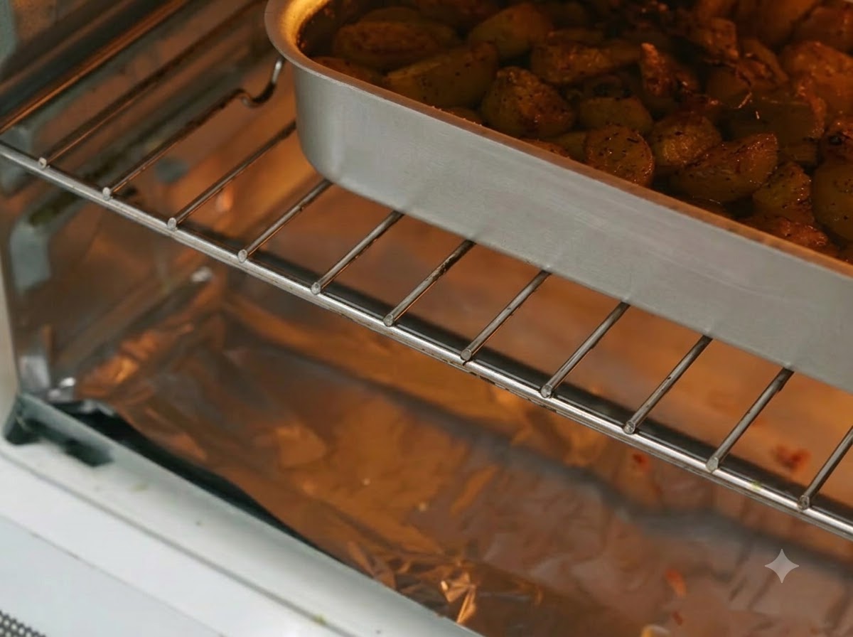 Una teglia estratta dal forno che mostra spicchi daglio arstiti marroni e dorati.