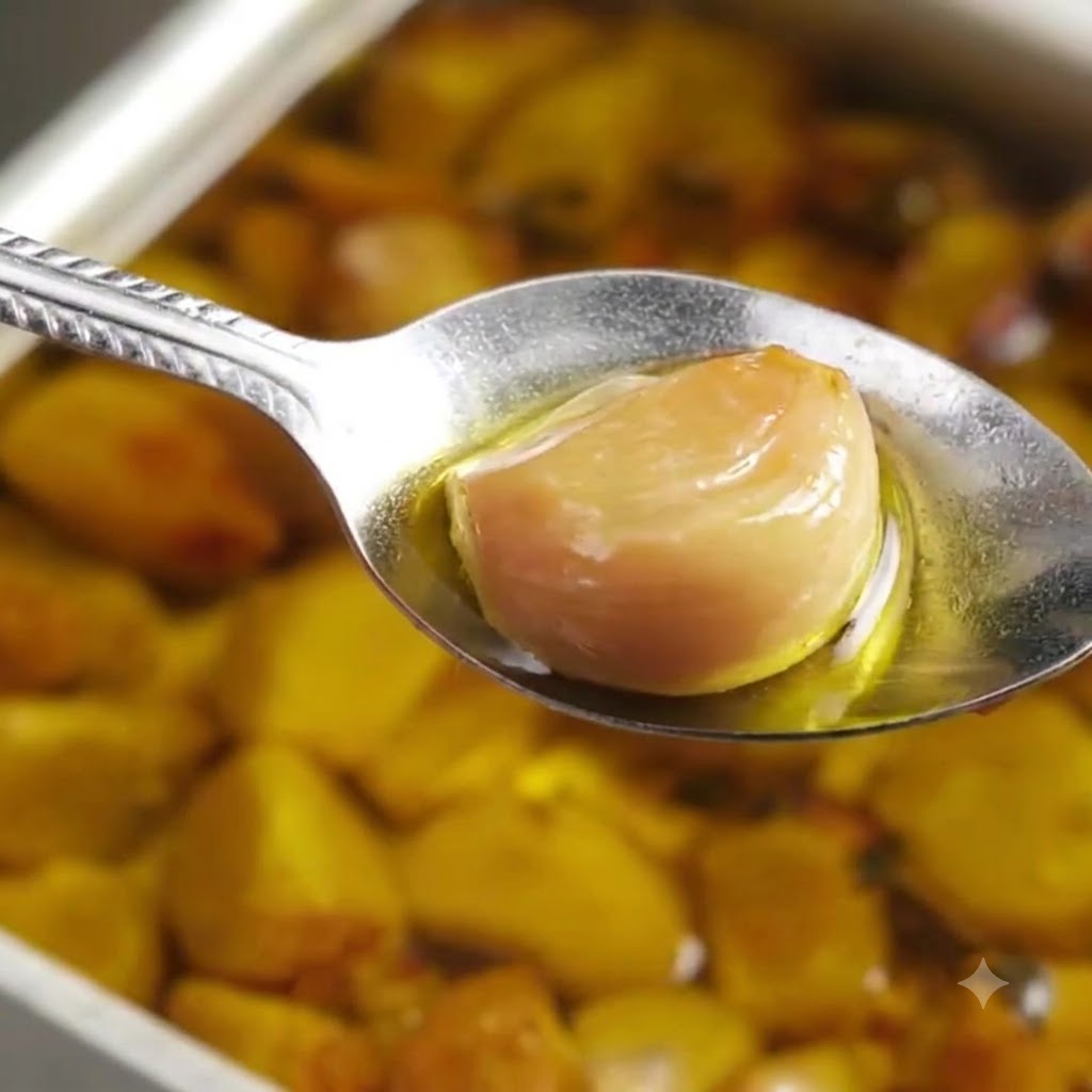 Primo piano di un cucchiaio che preme uno spicchio daglio tostato dorato trasformandolo in una pasta liscia.