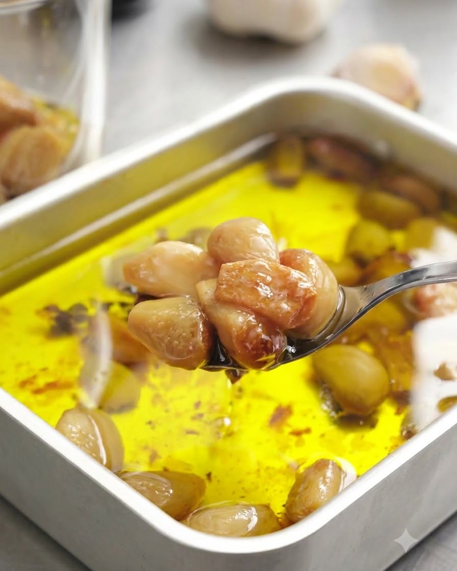 Spicchi daglio arrostiti prelevati con un cucchiaio e messi in un barattolo di vetro.