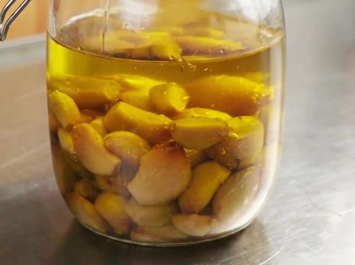 Un barattolo di vetro sigillato pieno di confit di aglio dorato sommerso in olio doliva limpido.