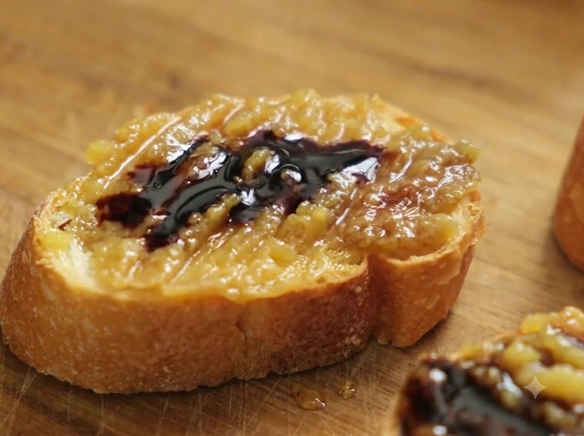 Primo piano di una fetta di baguette guarnita con pasta di confit di aglio e aceto balsamico, con sale marino grosso che viene cosparso sopra.