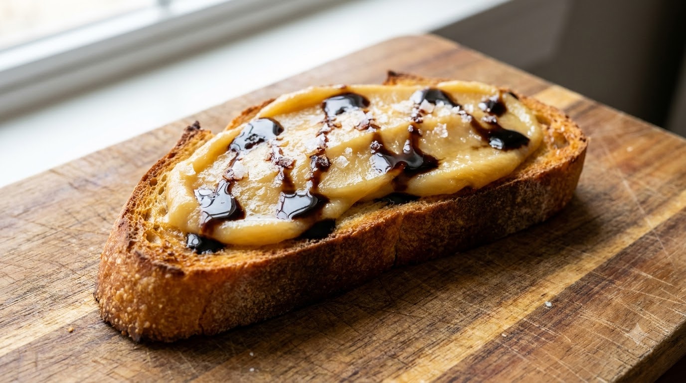 Una vista ravvicinata di una fetta di baguette tostata spalmata con confit di aglio dorato, condita con aceto balsamico scuro e cosparsa di sale marino, tenuta da una mano.