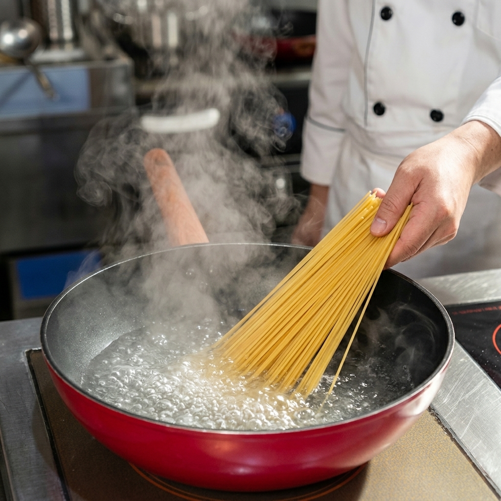 Pasta di spaghetti secca che viene immersa in una pentola di acqua bollente.
