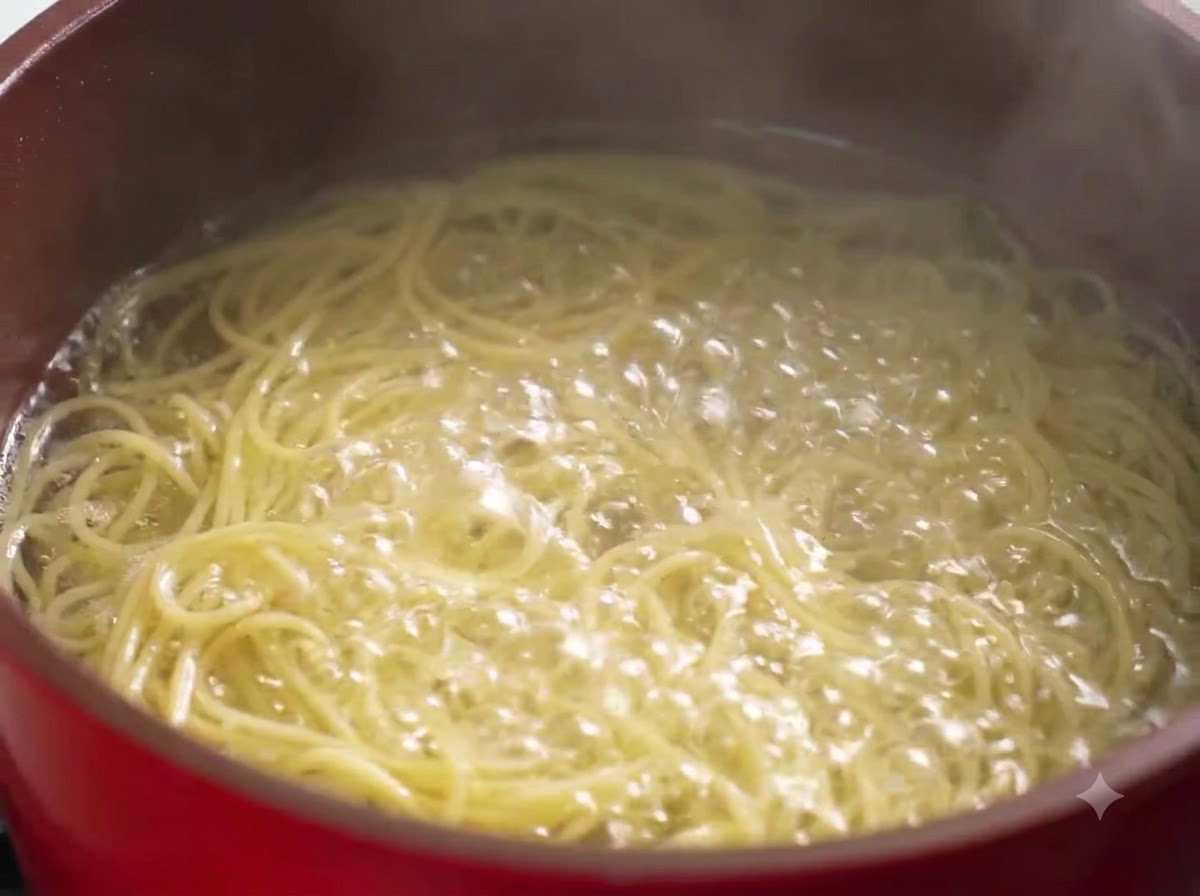 Spaghetti cotti che bollono nellacqua.